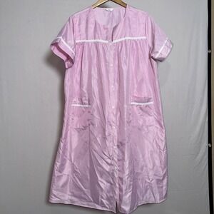 Ekouaer Pink White Striped Button Front House Dress Nightgown Pockets Womens L